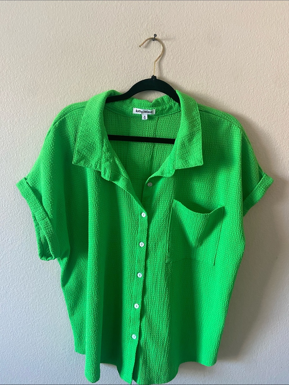 Kathy Ireland Neon Green Short Sleeve Button-Down Shirt